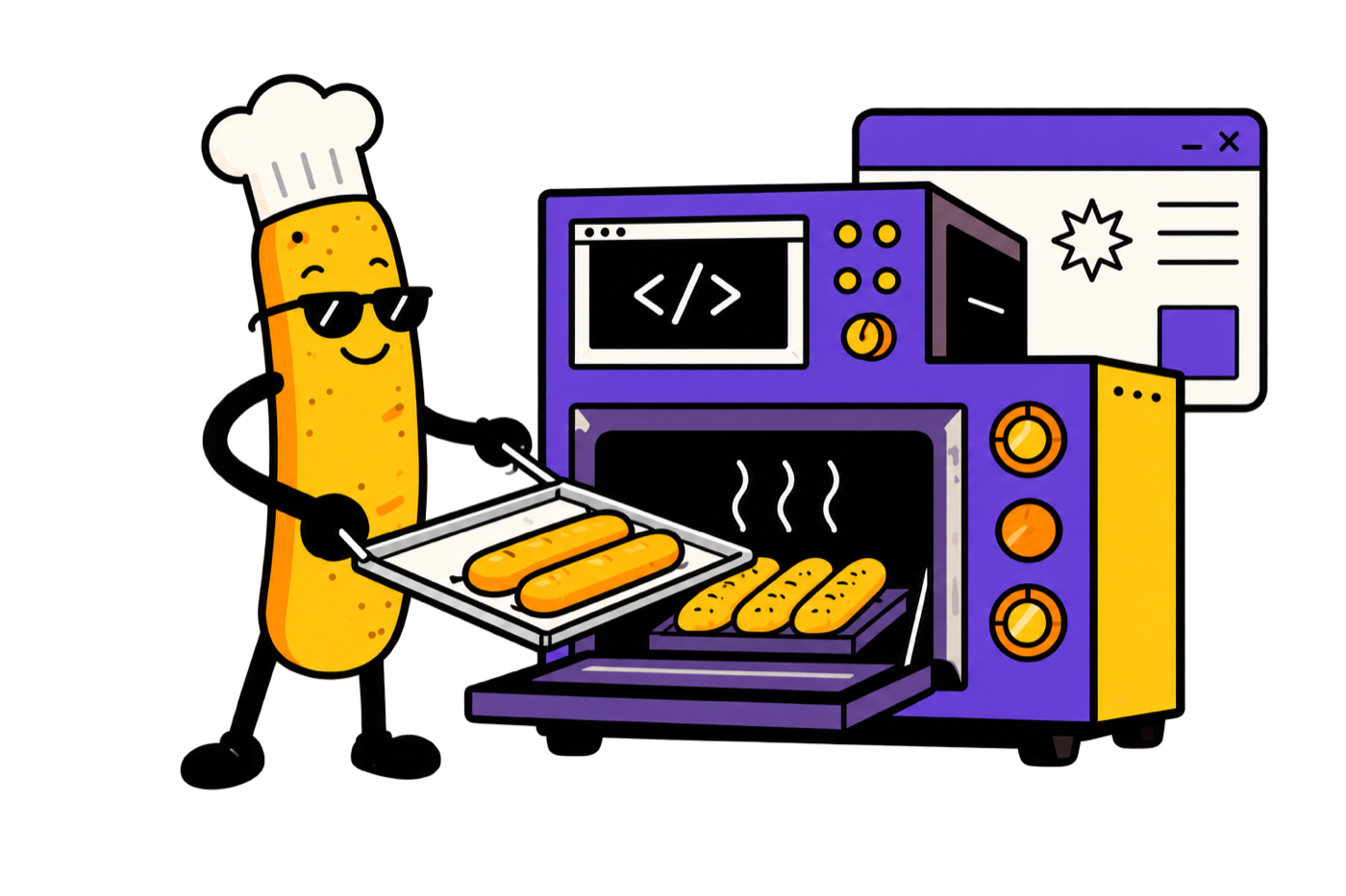 Breadstick chef presenting fresh software from a purple bakery-tech oven